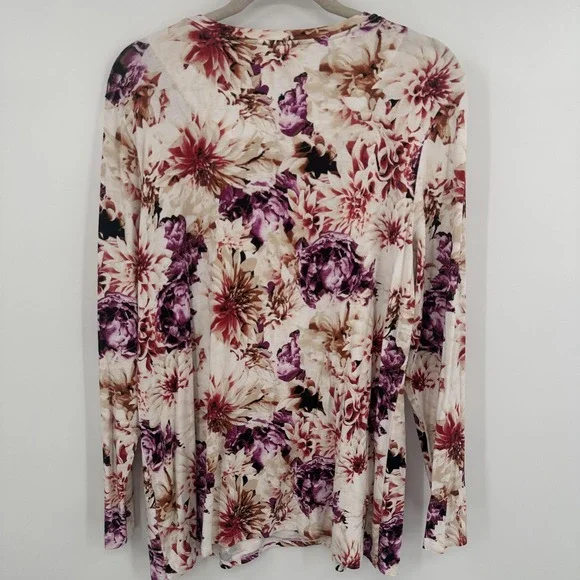 Chicos Shirt Womens XL Floral Long Sleeve Pink Purple Dahlia Print Stretch Top - Picture 6 of 9
